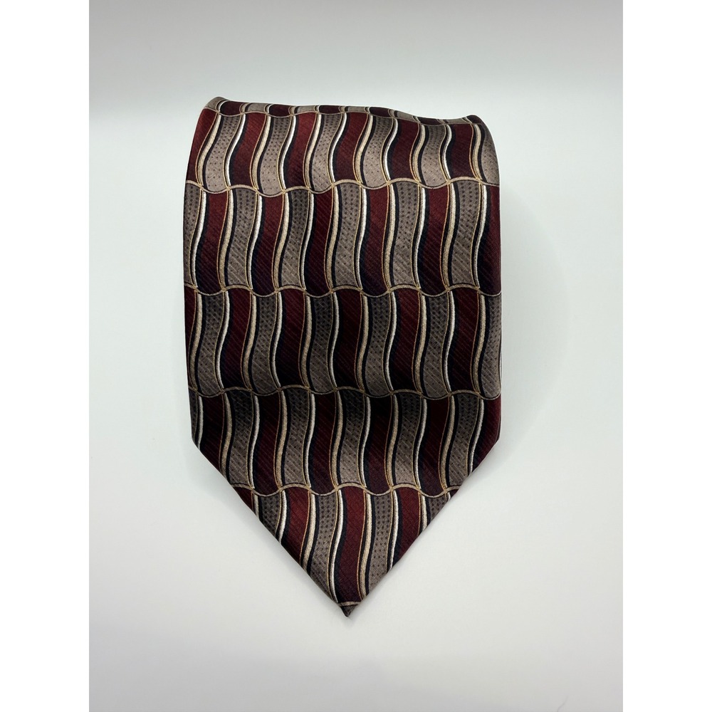 Pronto Uomo Mens Silk Tie Burgundy Grey Gold Geometric Wave Made in Italy